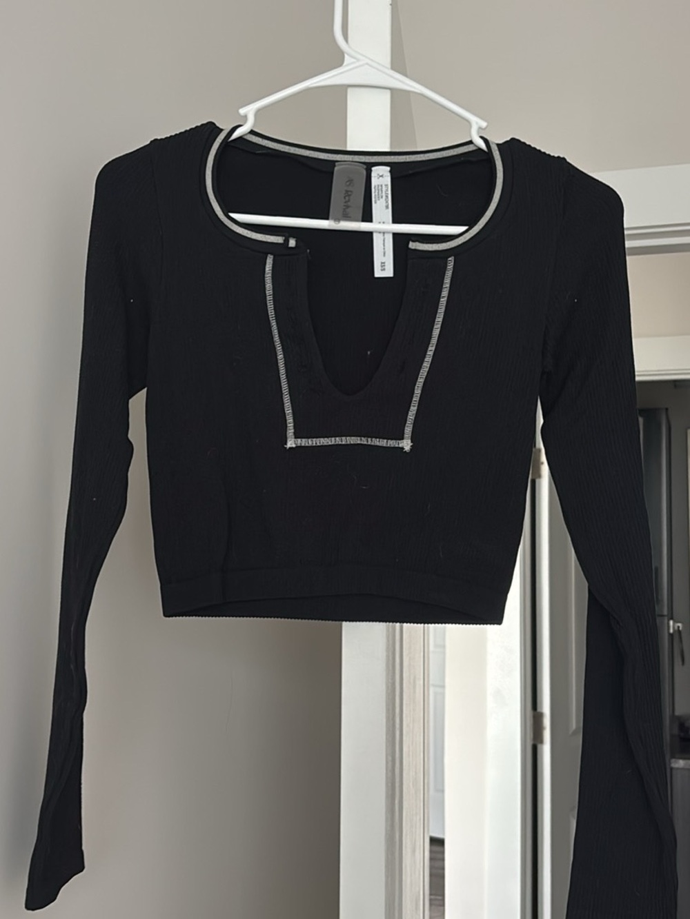 Black Ribbed Long-Sleeve Crop Top with Silver Trim